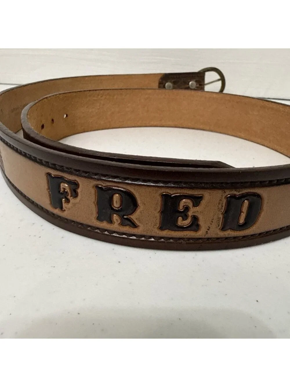 Tory Leather Company Custom Tooled Full Grain Cowhide Belt Size 42 Name FRED USA